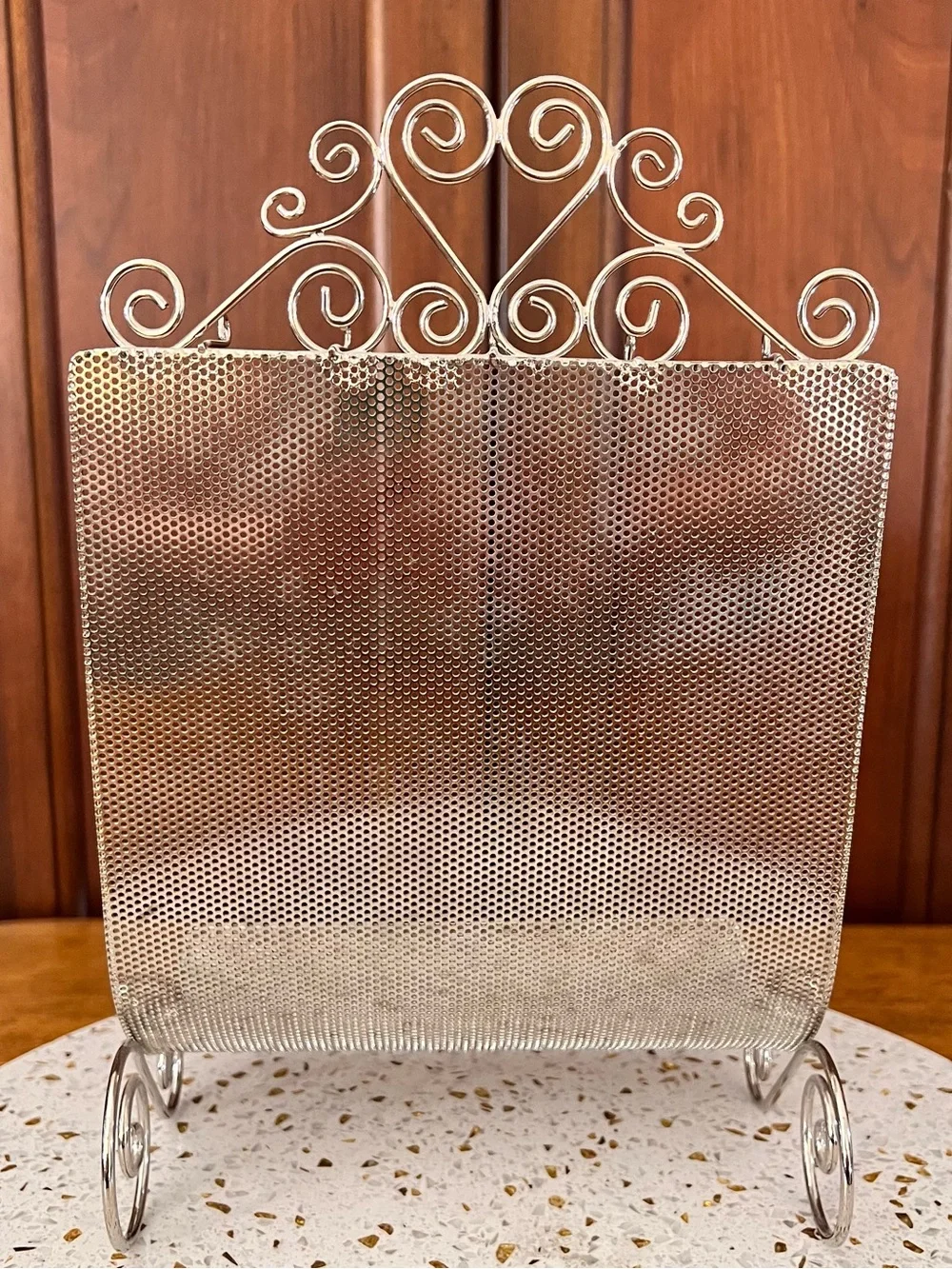 Vintage Metal Mesh Jewelry Holder with Scroll Trim